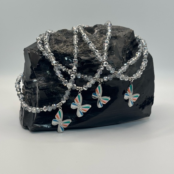 Jewelry - *ANKLET* S. Steel Silver Butterfly & Silver Crystal Stretchy Anklet